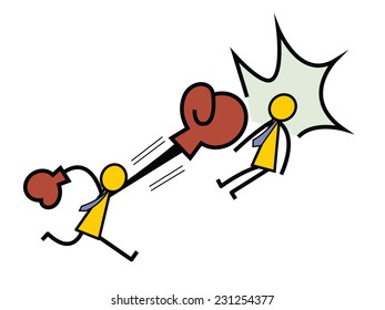 Angry business people beating another with boxing gloves. Aggressive feeling and emotional concept. Simple character design in stick man style. 