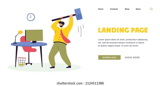 Angry Business Person Breaking Office Computer With Big Hammer. Adult Man Destroying Monitor At Work Flat Vector Illustration. Stress, Anger Concept For Banner, Website Design Or Landing Web Page