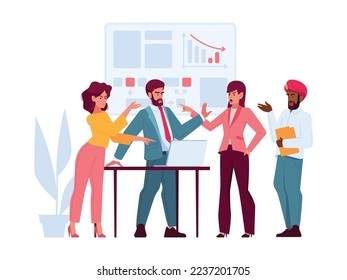 Angry Business Team Conflict, Furious Employees International Men and Women Quarrel and Fight, Characters Arguing in Office. Fighting, Disagreement and Staring. Cartoon People Vector Illustration