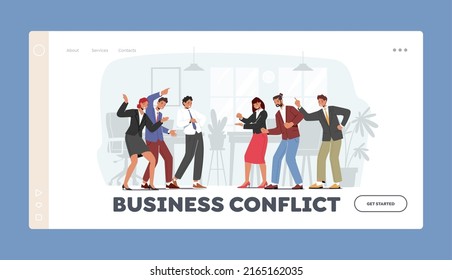 Angry Business Team Conflict Landing Page Template. Furious Men and Women Quarrel and Fight, Characters Arguing in Office. Competition, Fighting for Leadership. Cartoon People Vector Illustration