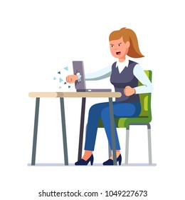 Angry business woman breaks her laptop computer hitting it with a clenched fist sitting at desk. Frustrated woman punching hole in pc screen shattering it to pieces. Flat vector character illustration