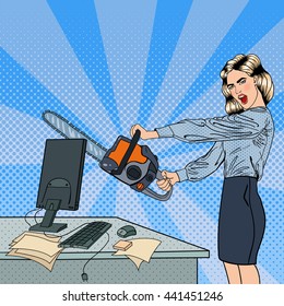 Angry Business Woman Crashes her Computer with Chainsaw. Pop Art. Vector illustration