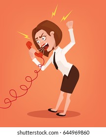 Angry business woman office worker consultant character shouting and yelling on phone. Vector flat cartoon illustration