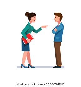 Angry business woman pointing finger at man. Colleague reprimanding, blaming, accusing coworker of mistake. Office workers conflict. Argument, confrontation & dispute. Flat vector illustration