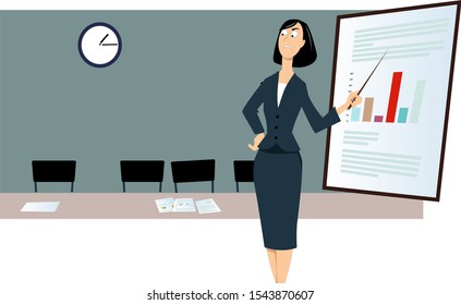 Angry business woman ready to start a presentation, standing in an empty conference room, waiting for tardy colleagues, EPS 8 vector illustration,