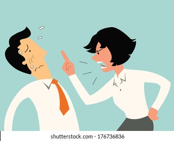 Angry Business Woman Showing Finger And Screaming, Scolding To Businessman Who Found Guilty Of Doing Something Wrong. 