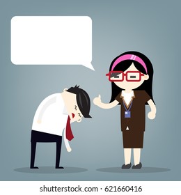 Angry business woman showing finger and screaming, scolding to businessman who found guilty of doing something wrong. 