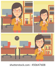 An angry business woman standing in the office and pointing at her wrist watch. Vector flat design illustration. Square, horizontal, vertical layouts.