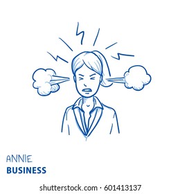 Angry business woman with steam coming out of her ears, concept for stress, burnout, headache, too much work, hand drawn doodle vector illustration