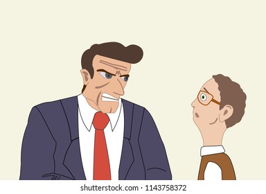 Angry Businessman Attacking His Colleague. Mobbing, Harassment, Bullying At The Workplace, Vector Illustration.