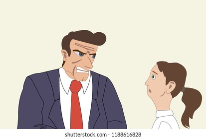 Angry businessman attacking his colleague, young woman. Mobbing, bullying, intimidating at workplace Vector illustration.