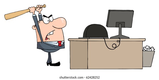 Angry Businessman With Baseball Bat In Office