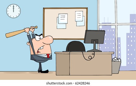 Angry Businessman With Bat In Office