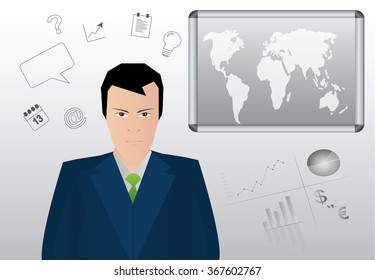 Angry businessman with board and graphs and many icons