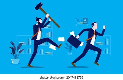 Angry businessman chasing man with a sledge hammer. Business revenge and anger concept. Vector illustration