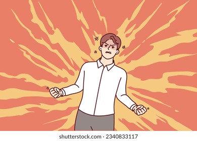 Angry businessman clenching fists standing in flames and feeling hatred and aggression. Angry male manager suffering from anger due to slowness of colleagues or mistakes of subordinates