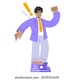 Angry businessman concept. Animated character in a suit shaking his fist, expressing frustration or determination with an exclamation mark. Vector illustration.