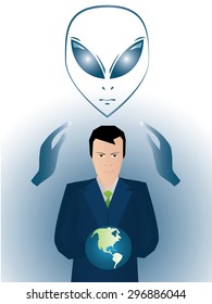 Angry businessman controlling the world by alien