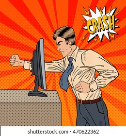 Angry Businessman Crashes Computer in Office with His Fist. Pop Art Vector illustration