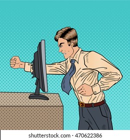 Angry Businessman Crashes Computer in Office with His Fist. Pop Art Vector illustration