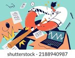 Angry businessman crashing computer feel overwhelmed with office job. Mad furious male employee break desk and laptop. Work burnout and overwork. Vector illustration. 