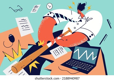 Angry Businessman Crashing Computer Feel Overwhelmed With Office Job. Mad Furious Male Employee Break Desk And Laptop. Work Burnout And Overwork. Vector Illustration. 