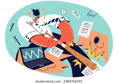 Angry businessman crashing computer feel overwhelmed with office job. Mad furious male employee break desk and laptop. Work burnout and overwork. Vector illustration.