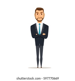 Angry businessman with crossed arms.  A man is standing with hands folded. Manager or boss in a discontented position