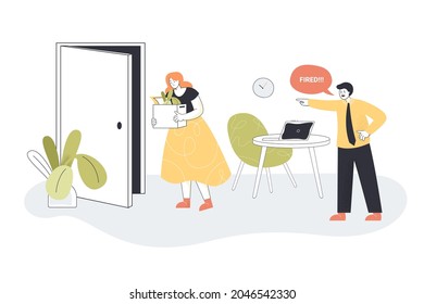 Angry Businessman Dismissing Sad Female Employee Leaving Office. Bad Man Firing Unhappy Worker Flat Vector Illustration. Unemployment, Layoff, Job Loss Concept For Banner Or Landing Web Page