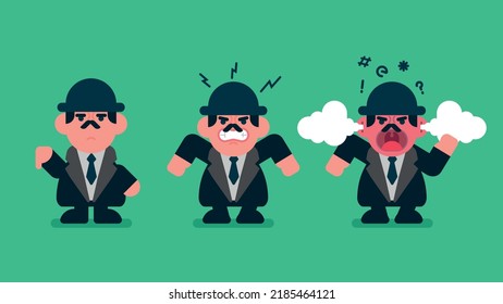 Angry Businessman doing dislike sign, very angry short man with mustache wear suit, Cursing and smelling, white smoke out of his head with red face, Flat avatar vector illustration.
