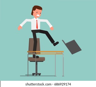 An angry businessman drops his laptop from the desktop. Vector illustration, a flat style design.