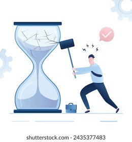 Angry businessman or employee smashes big hourglass using hammer. Deadline ot time management background. Final countdown, business concept. Last call. Funny guy in trendy colors. Vector illustration