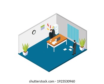 Angry businessman in face mask shouting and pointing to his employee in the office