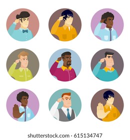 Angry businessman gesturing with his finger against temple. Avatar of businessman twisting his finger against temple. Set of vector flat design illustrations in the circle isolated on white background