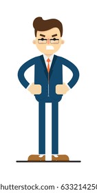 Angry businessman with hands on waist gesture isolated on white background vector illustration. Smiling man in blue business suit in flat design.
