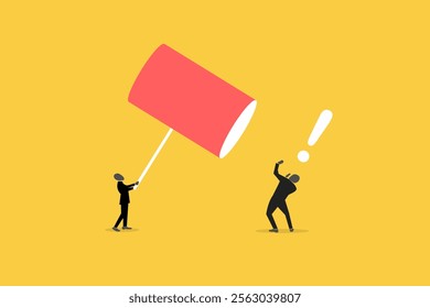 Angry businessman hitting office man with a sledge hammer. concept of business revenge and anger. Punishment for poor performance