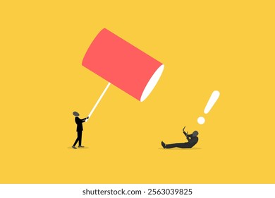 Angry businessman hitting office man with a sledge hammer. concept of business revenge and anger. Punishment for poor performance