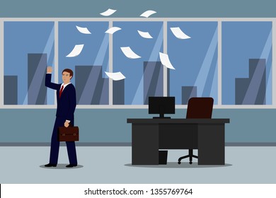 Angry businessman leaving his office and throwing documents. Vector illustration.