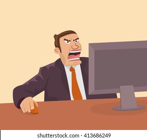 Angry businessman looking at the monitor.Vector illustration.