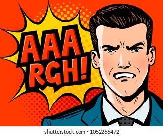 Angry businessman or man in business suit. Pop art retro comic style. Cartoon vector illustration