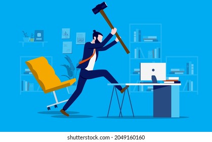 Angry businessman - Man in office having computer problem and destroying computer with sledge hammer. Furious and aggressive concept. Vector illustration