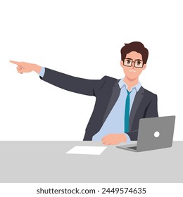 Angry businessman in a office pointing away asking to leave. Flat vector illustration isolated on white background