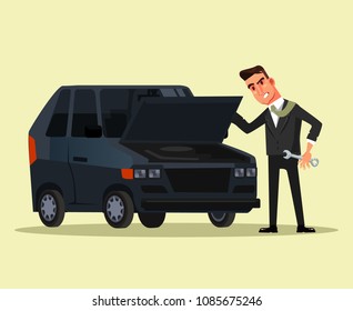 Angry businessman office worker character trying to fix broken car. Vector flat graphic design cartoon isolated illustration
