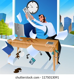 Angry Businessman or Office Worker Goes Mad and Crushing All Around on Workplace with Computer Keyboard Cartoon Vector. Nervous Breakdown, Stress at Work, Career Problems, Hating Stupid Work Concept