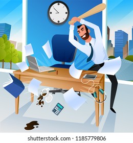 Angry Businessman or Office Worker Goes Mad and Crushing all Around at Workplace with Baseball Bat Cartoon Vector Illustration. Failure or Problems in Business, Stress and Negative Emotions at Work