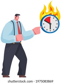 Angry businessman pointing at clock on wall and showing that employee is late. Male boss shows few minutes left until end of term. Strict director points at clock with time to deal with deadline