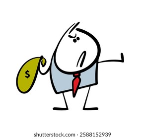 Angry businessman protects his money. Vector illustrationman holding  bag from a bank with cash and making a gesture of protest. Stop the scammers.Isoated funny character on white background