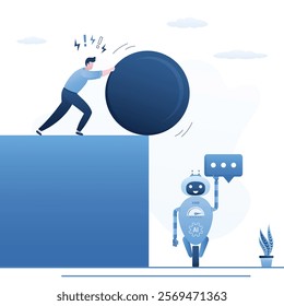 Angry businessman push big stone ball on robot with AI. Chat bot attacked by human. Rejection of innovations, fear of neural network development, fight against artificial intelligence. flat vector