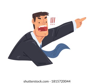 Angry Businessman Screaming and Pointing, Office Worker Character in Formal Style Clothes, Business Avatar Cartoon Style Vector Illustration