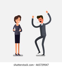 Angry businessman shouting at his workers. Flat design, vector illustration.